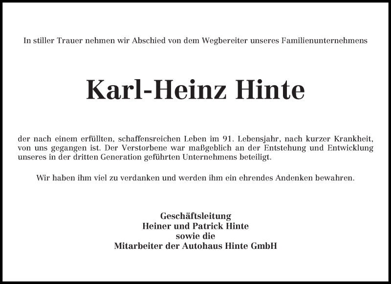  Traueranzeige für Karl-Heinz Hinte vom 04.06.2016 aus Die Norddeutsche