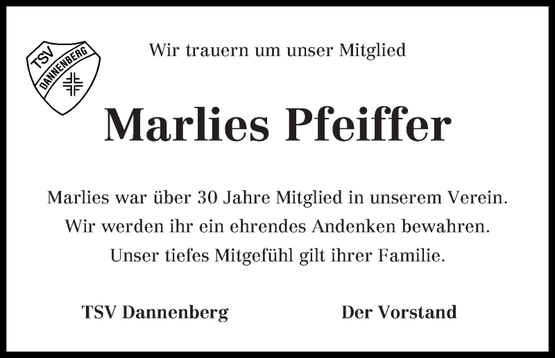 Traueranzeige von Marlies Pfeiffer von Wuemme Zeitung