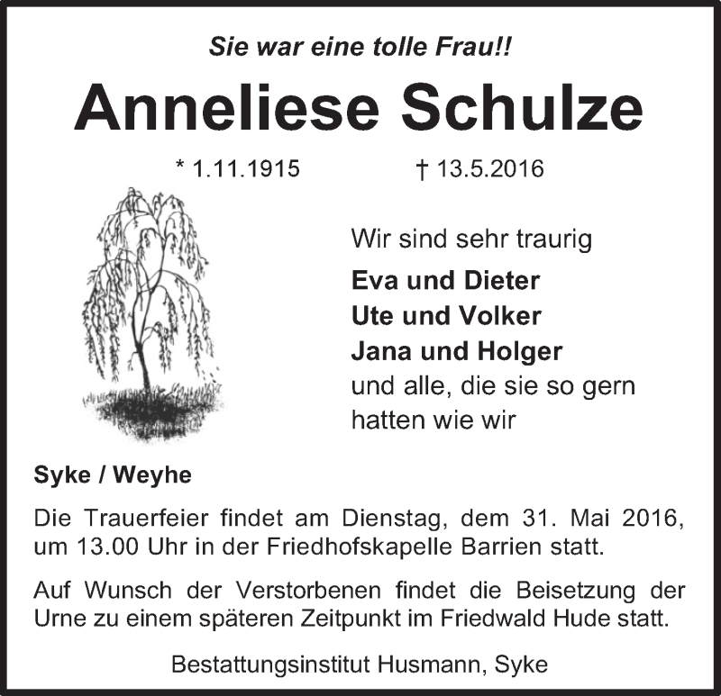 Traueranzeige von Anneliese Schulze von Regionale Rundschau/Syker Kurier