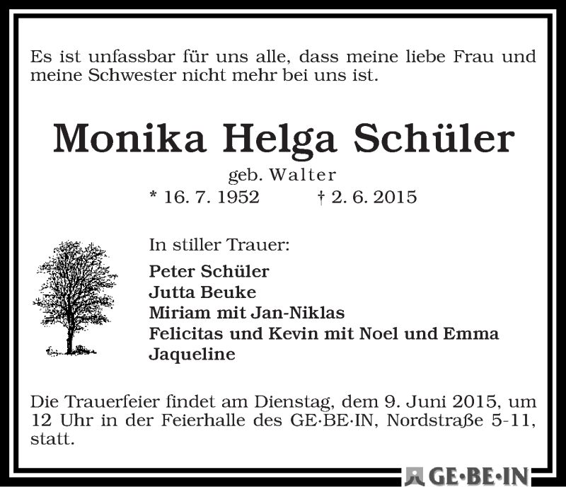Traueranzeige von Monika Helga Schüler von WESER-KURIER