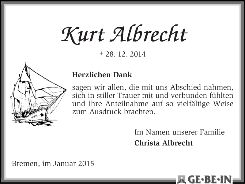 Traueranzeige von Kurt Albrecht von WESER-KURIER