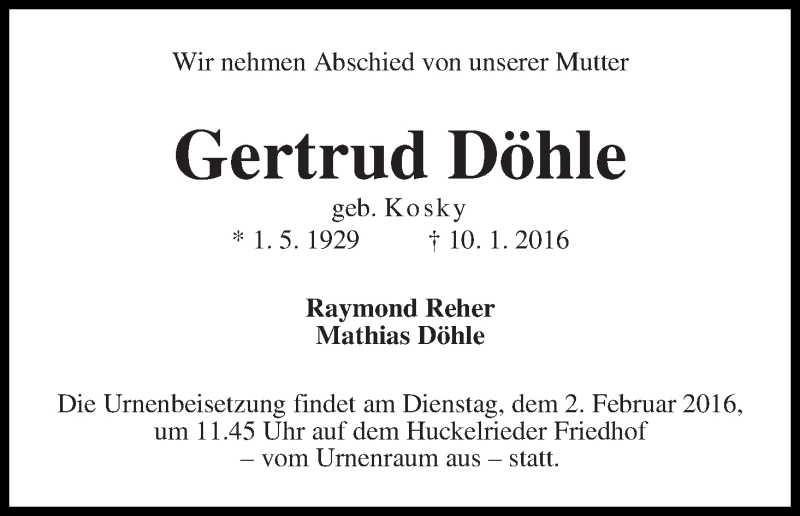 Traueranzeige von Gertrud Döhle von WESER-KURIER