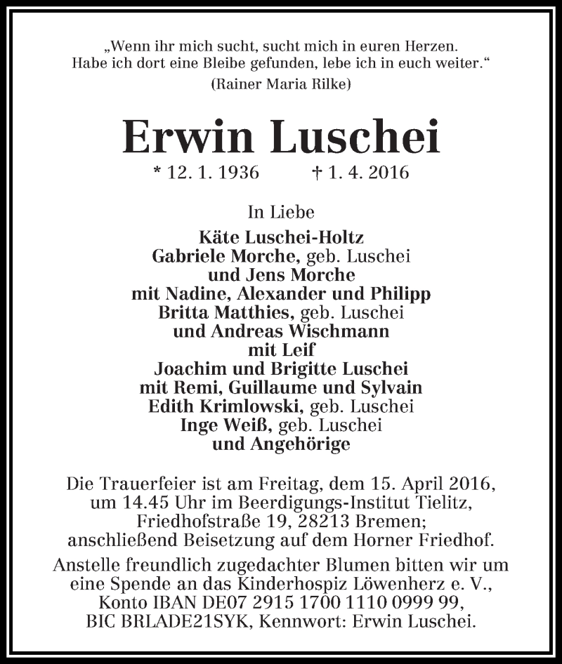 Traueranzeige von Erwin Luschei von WESER-KURIER