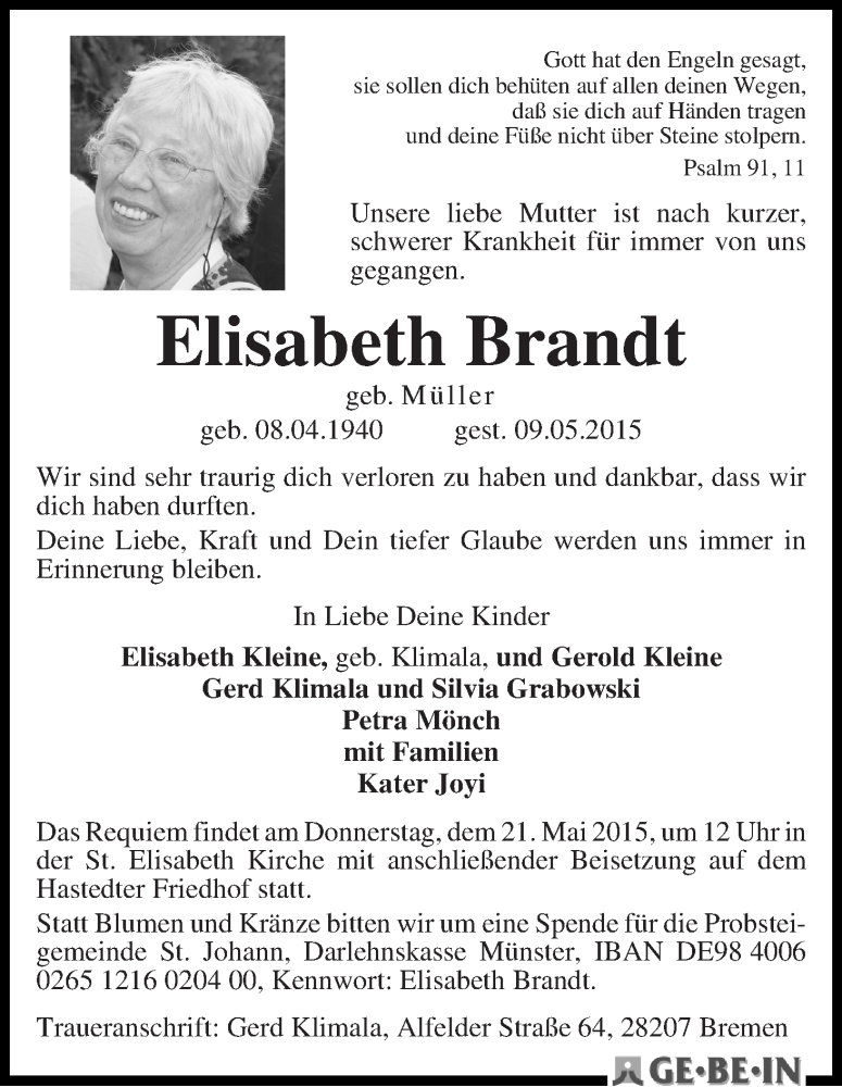  Traueranzeige für Elisabeth Brandt vom 16.05.2015 aus WESER-KURIER