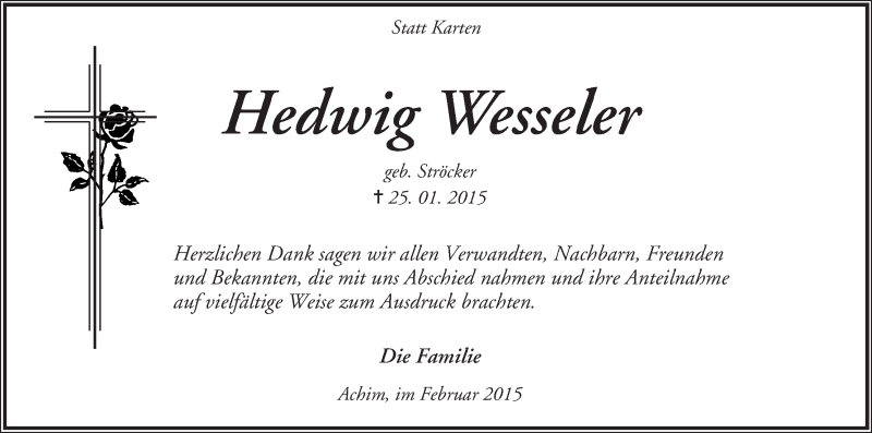  Traueranzeige für Hedwig Wesseler vom 18.02.2015 aus Achimer Kurier/Verdener Nachrichten