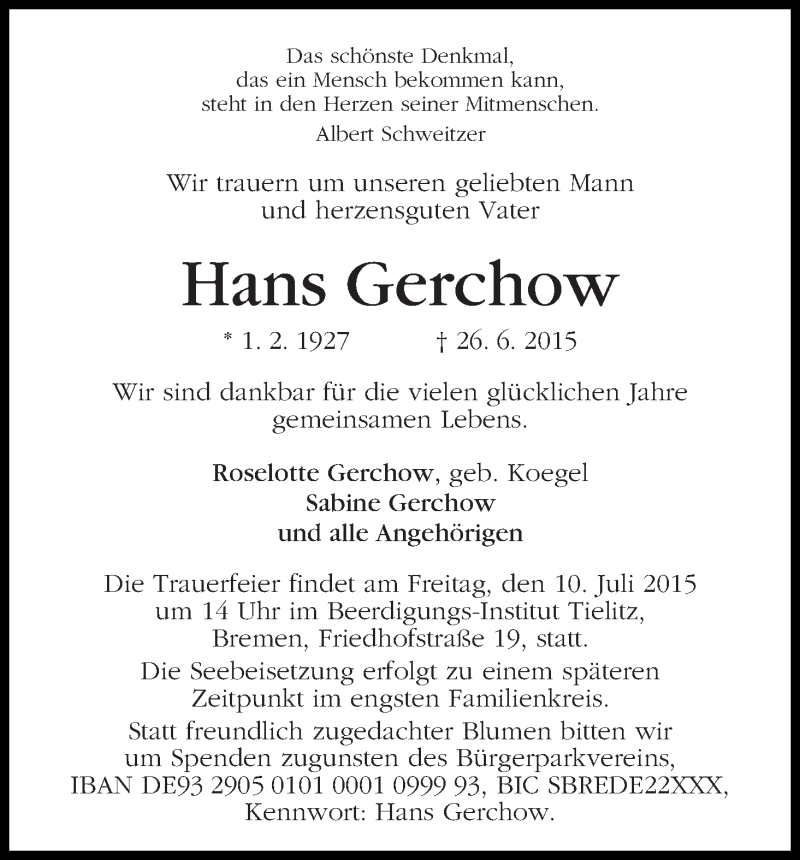 Traueranzeige von Hans Gerchow von WESER-KURIER
