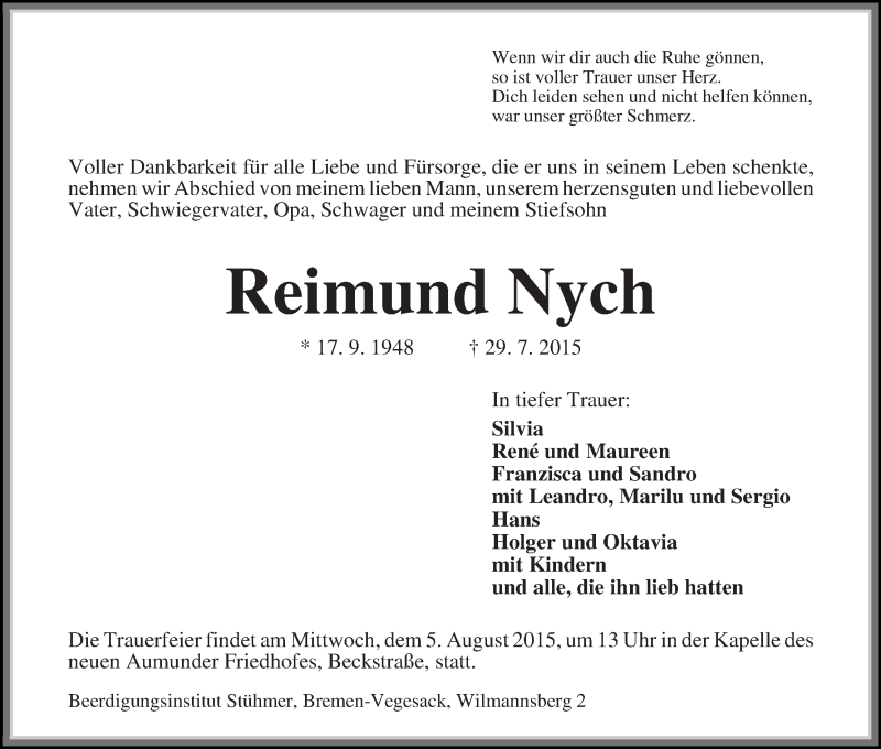  Traueranzeige für Reimund Nych vom 01.08.2015 aus Die Norddeutsche