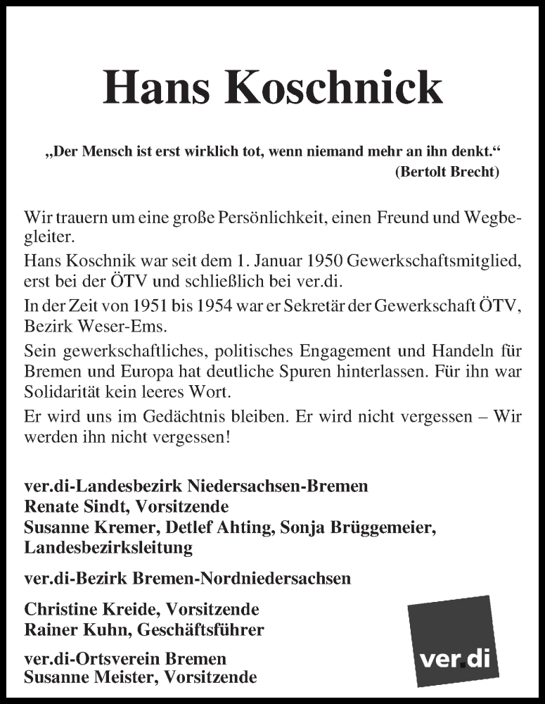  Traueranzeige für Hans Koschnik vom 23.04.2016 aus WESER-KURIER