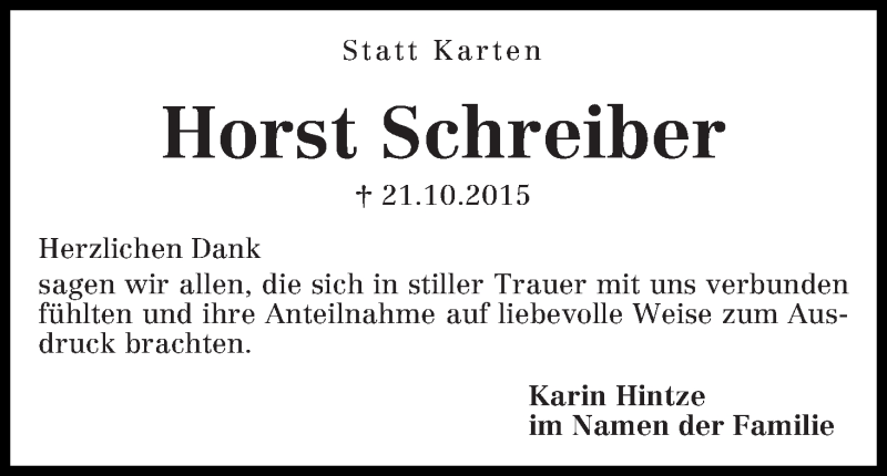 Traueranzeige von Horst Schreiber von WESER-KURIER
