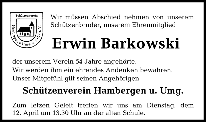 Traueranzeige von Erwin Barkowski von Osterholzer Kreisblatt