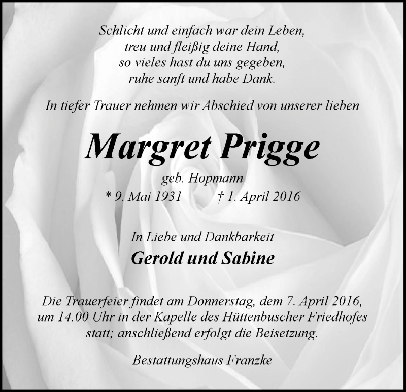 Traueranzeige von Margret Prigge von Wuemme Zeitung