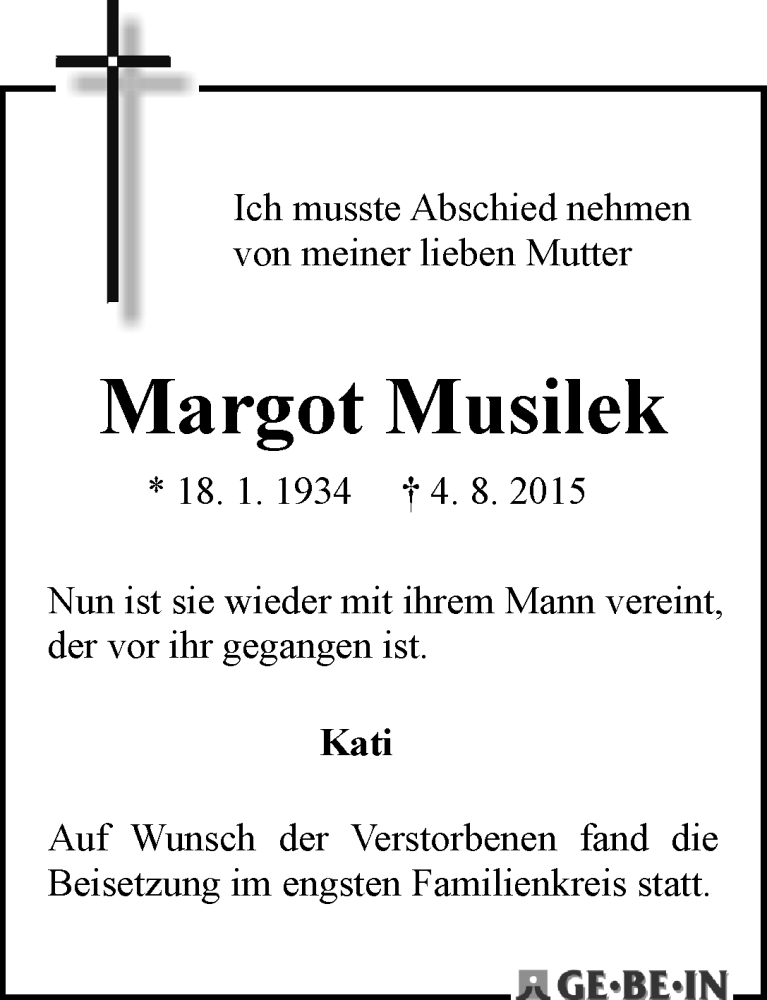 Traueranzeige von Margot Musilek von WESER-KURIER