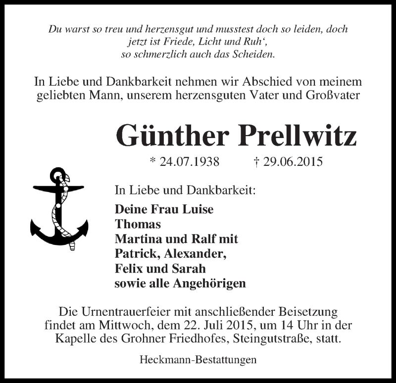 Traueranzeige von Günther Prellwitz von Die Norddeutsche