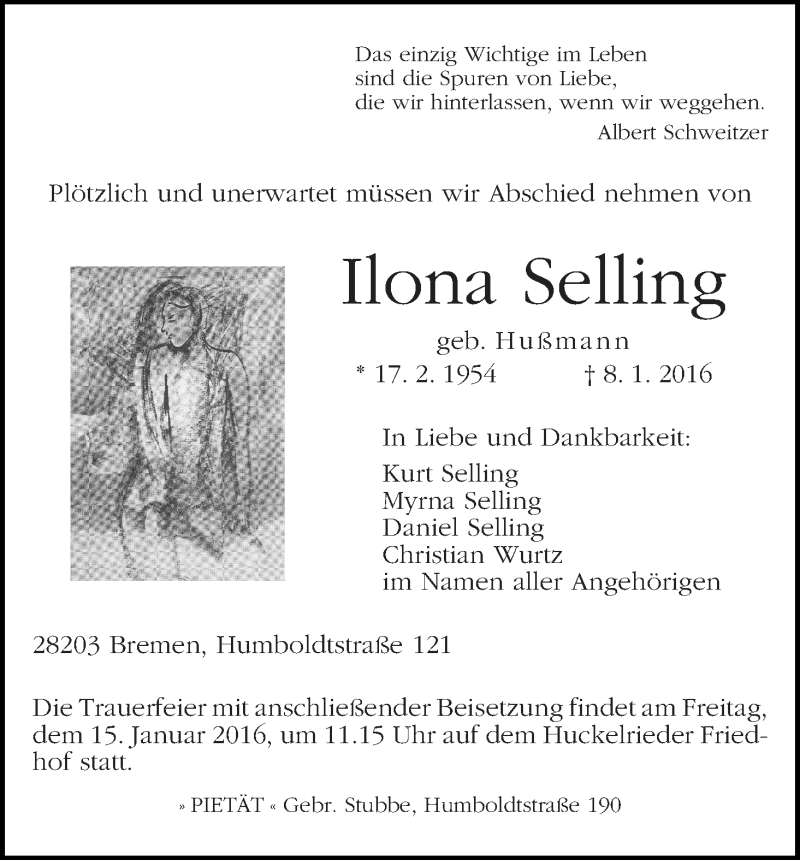  Traueranzeige für Ilona Selling vom 13.01.2016 aus WESER-KURIER