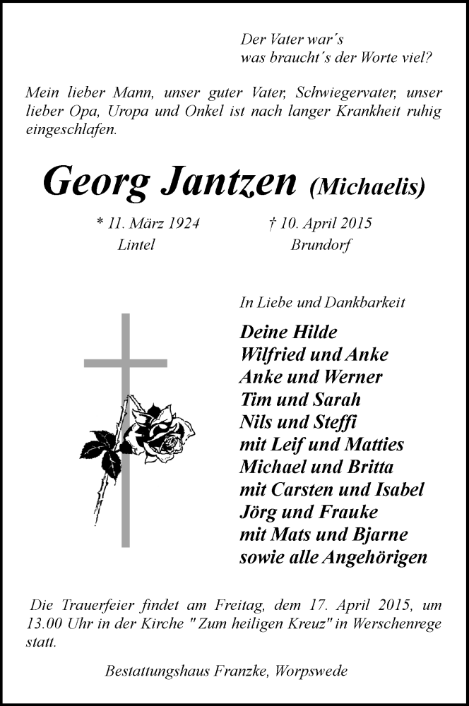 Traueranzeige von Georg Jantzen (Michaelis) von Osterholzer Kreisblatt