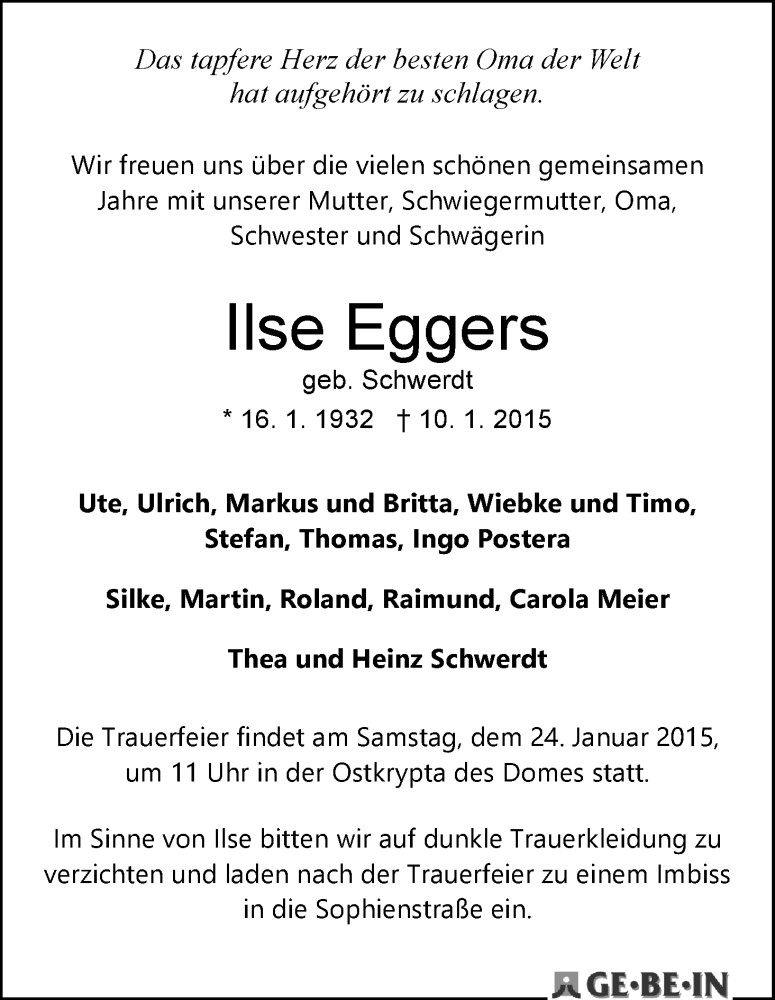 Traueranzeige von Ilse Eggers von WESER-KURIER