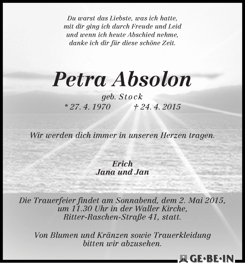  Traueranzeige für Petra Absolon vom 29.04.2015 aus WESER-KURIER