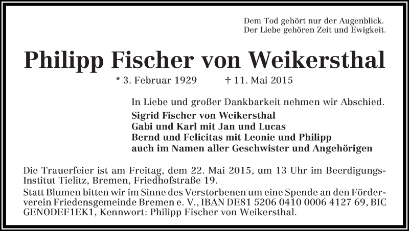 Traueranzeige von Philipp Fischer von Weikersthal von WESER-KURIER