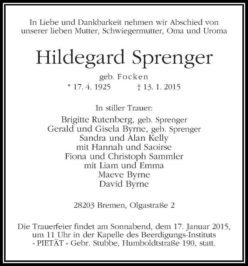 Traueranzeige von Hildegard Sprenger von WESER-KURIER