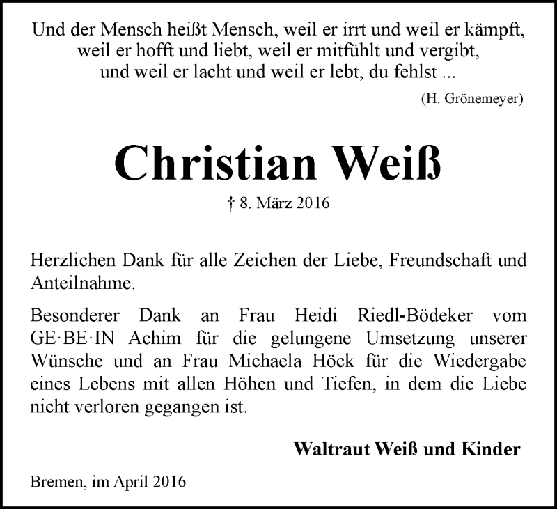 Traueranzeige von Christian Weiß von WESER-KURIER