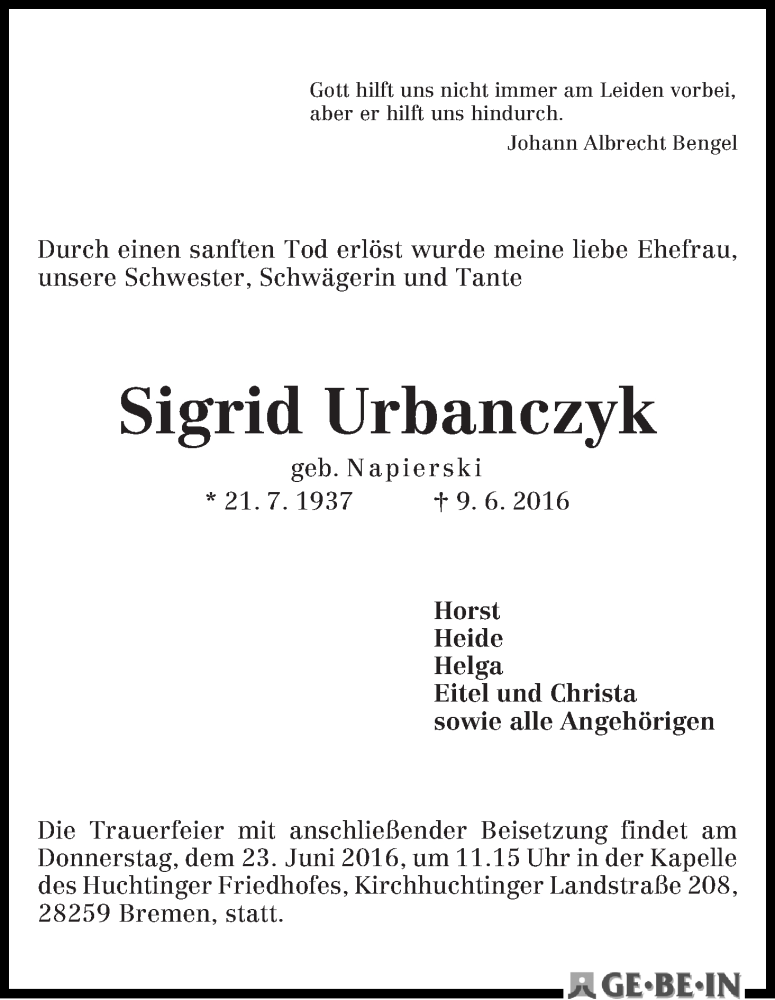 Traueranzeige von Sigrid Urbanczyk von WESER-KURIER