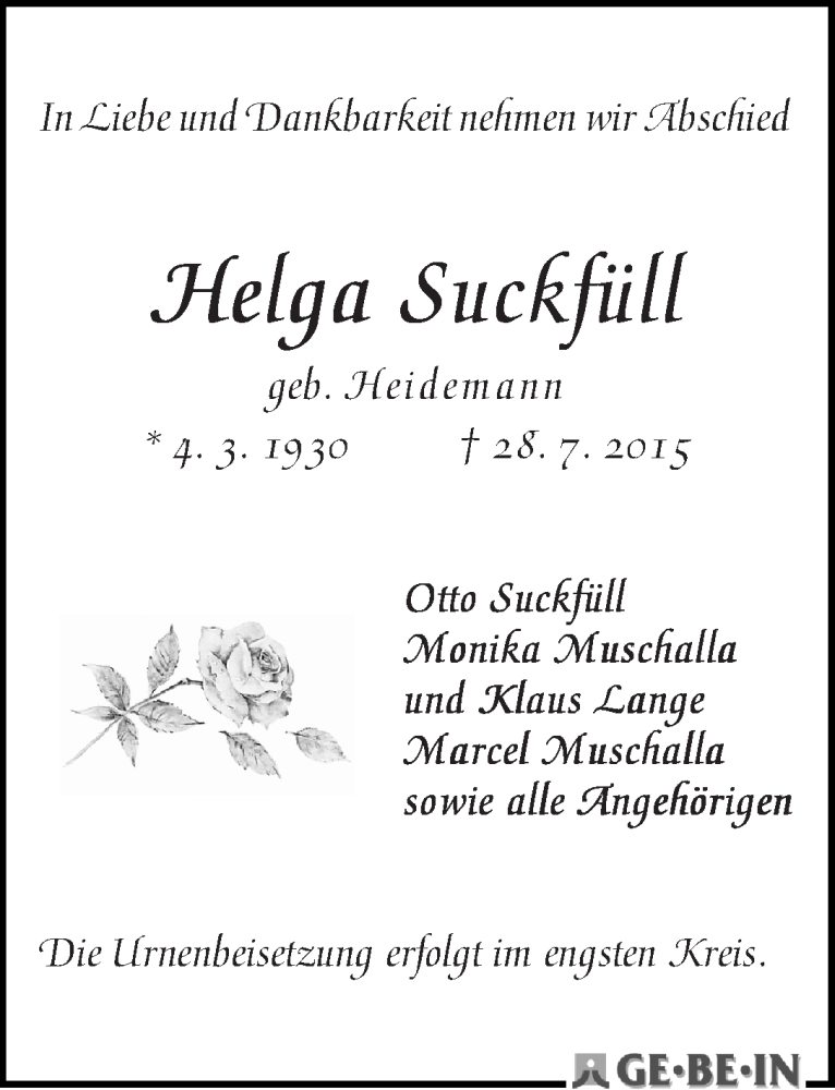 Traueranzeige von Helga Suckfüll von WESER-KURIER