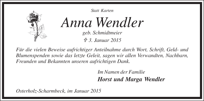 Traueranzeige von Anne Wendler von Osterholzer Kreisblatt