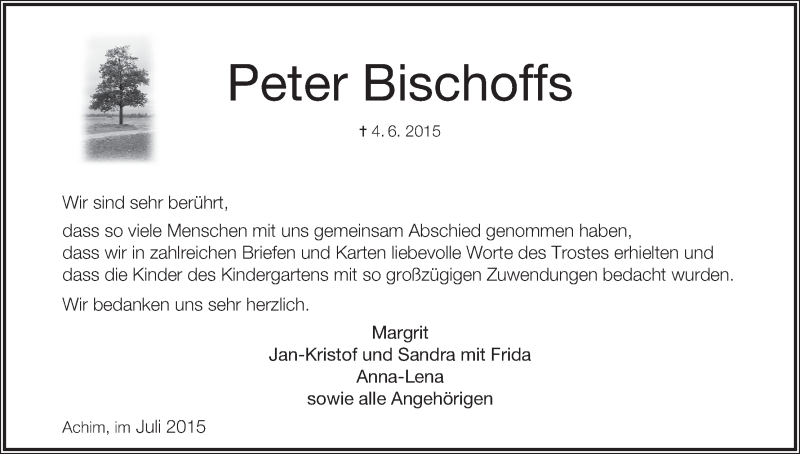 Traueranzeige von Peter Bischoffs von Achimer Kurier/Verdener Nachrichten