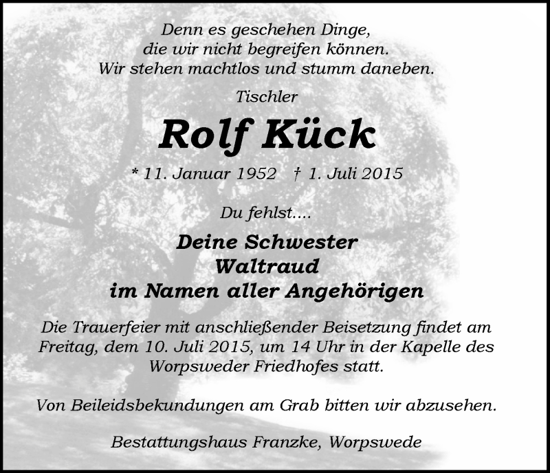 Traueranzeige von Rolf Kück von Wuemme Zeitung