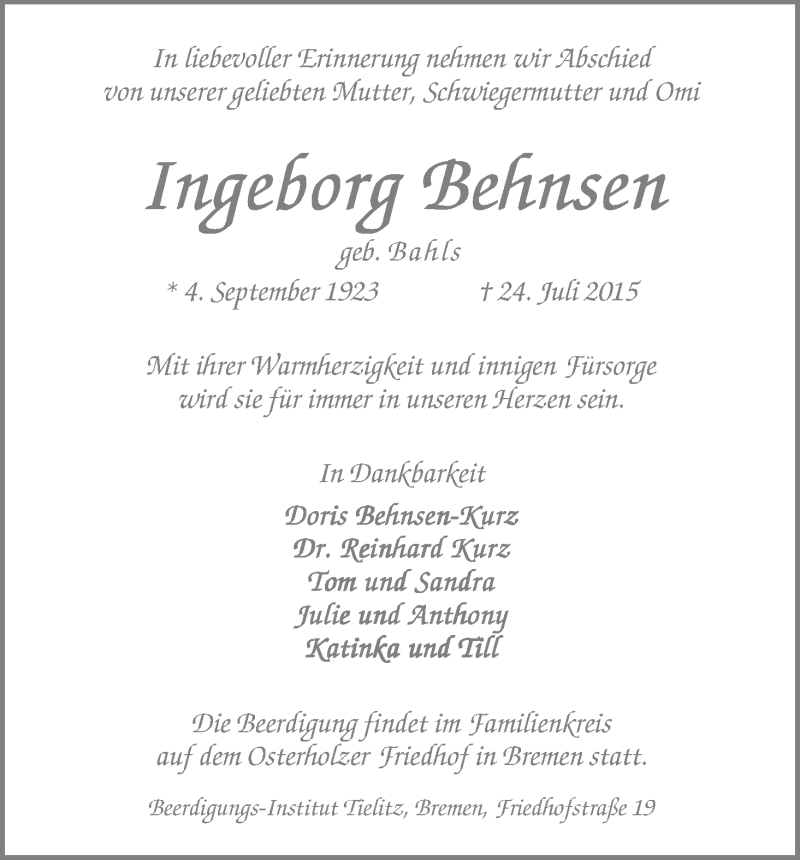 Traueranzeige von Ingeborg Behnsen von WESER-KURIER