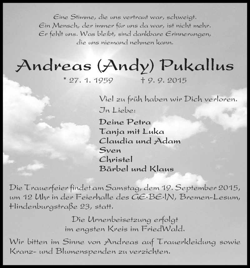 Traueranzeige von Andreas (Andy) Pukallus von WESER-KURIER