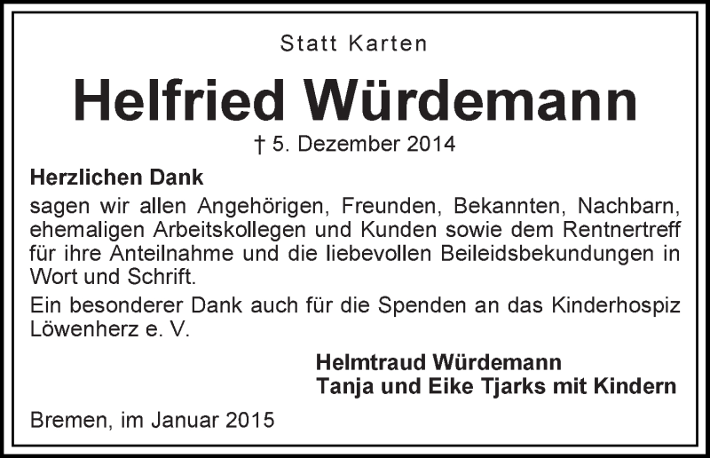 Traueranzeige von Helfried Würdemann von WESER-KURIER