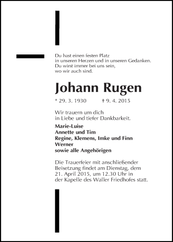 Traueranzeige von Johann Rugen