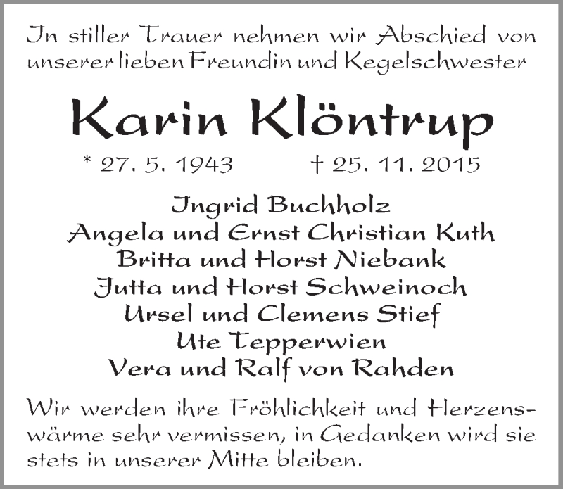  Traueranzeige für Karin Klöntrup vom 02.12.2015 aus WESER-KURIER