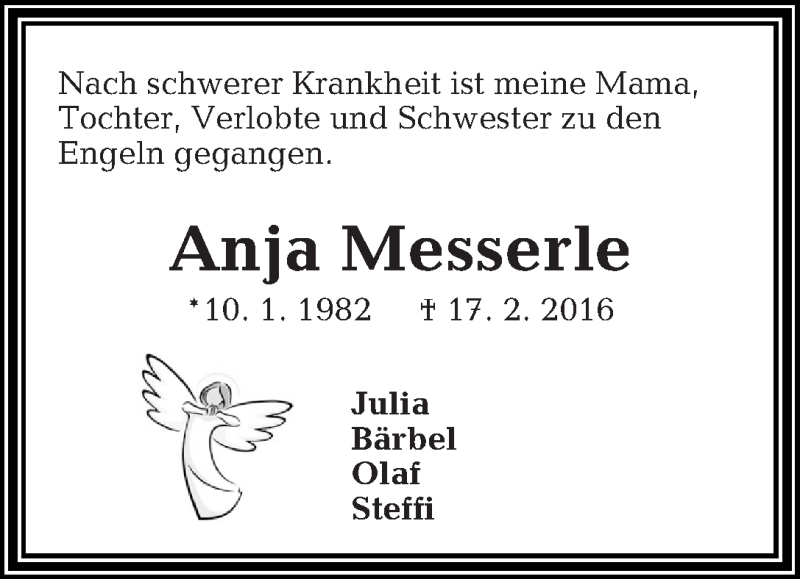  Traueranzeige für Anja Messerle vom 19.02.2016 aus WESER-KURIER