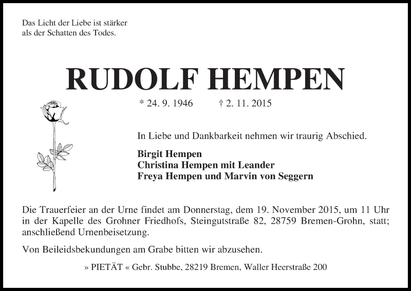 Traueranzeige von Rudolf Hempen von WESER-KURIER
