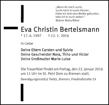 Traueranzeige von Eva Christin Bertelsmann