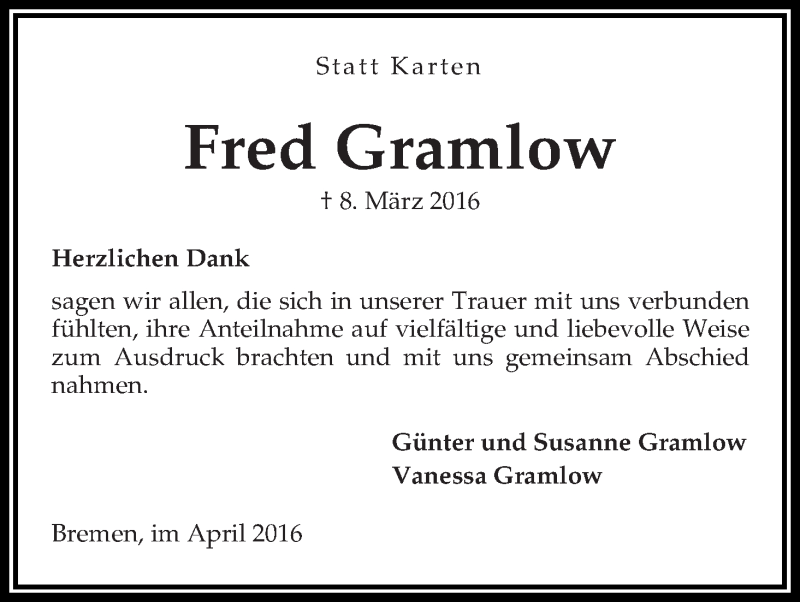Traueranzeige von Fred Gramlow von Wuemme Zeitung