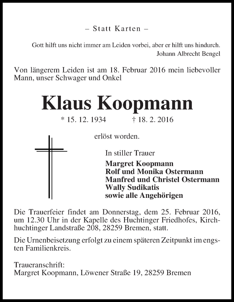 Traueranzeige von Klaus Koopmann von WESER-KURIER