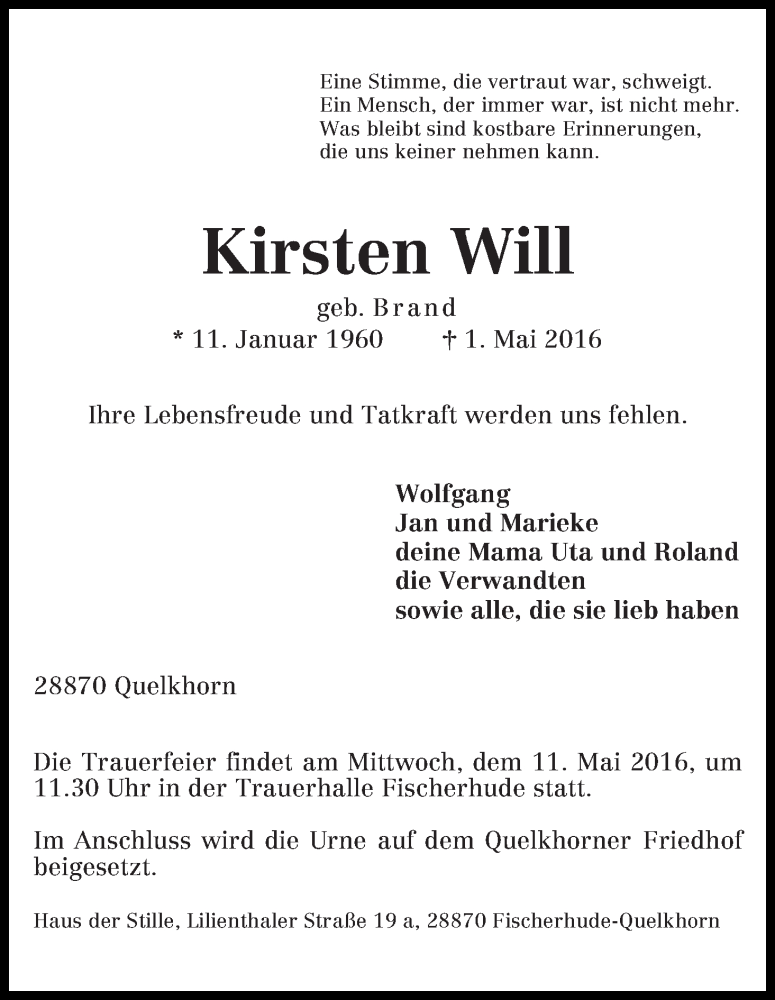  Traueranzeige für Kirsten Will vom 07.05.2016 aus WESER-KURIER