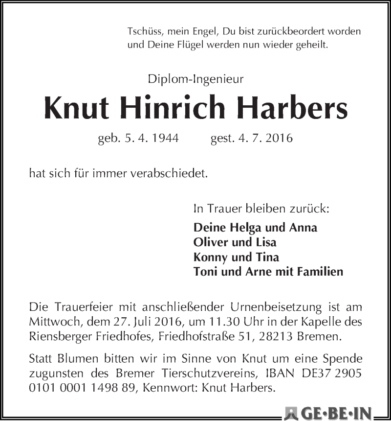 Traueranzeige von Knut Hinrich Harbers von WESER-KURIER