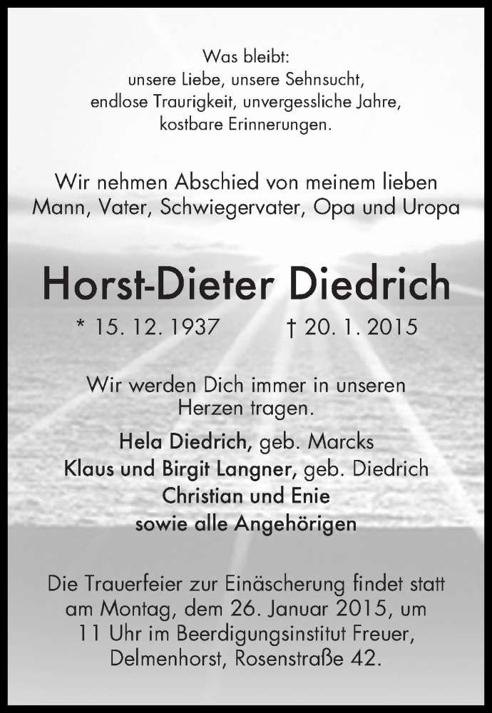  Traueranzeige für Horst-Dieter Diedrich vom 22.01.2015 aus WESER-KURIER