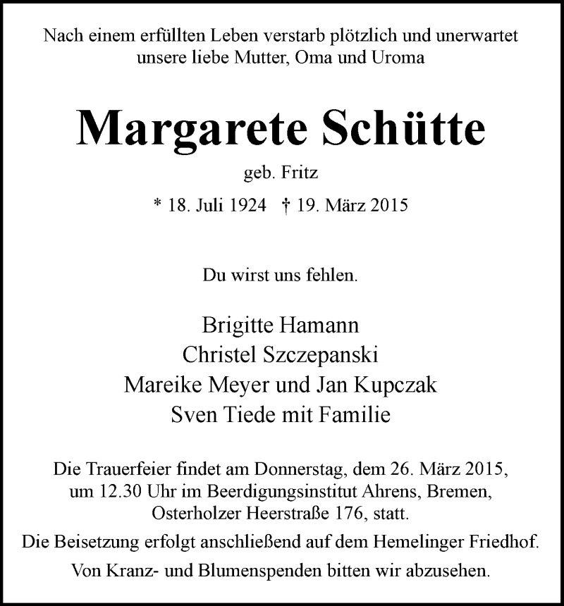 Traueranzeige von Margarete Schütte von WESER-KURIER