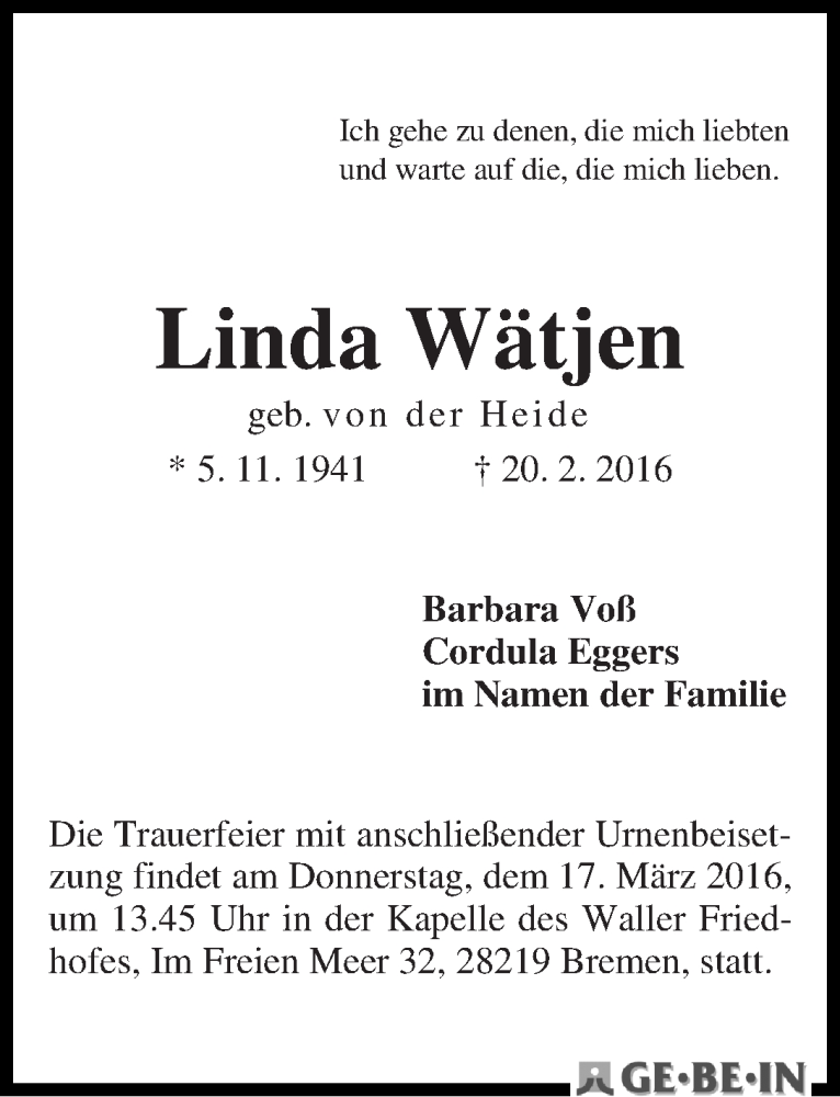  Traueranzeige für Linda Wätjen vom 05.03.2016 aus WESER-KURIER