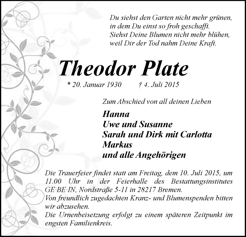 Traueranzeige von Theodor Plate von WESER-KURIER