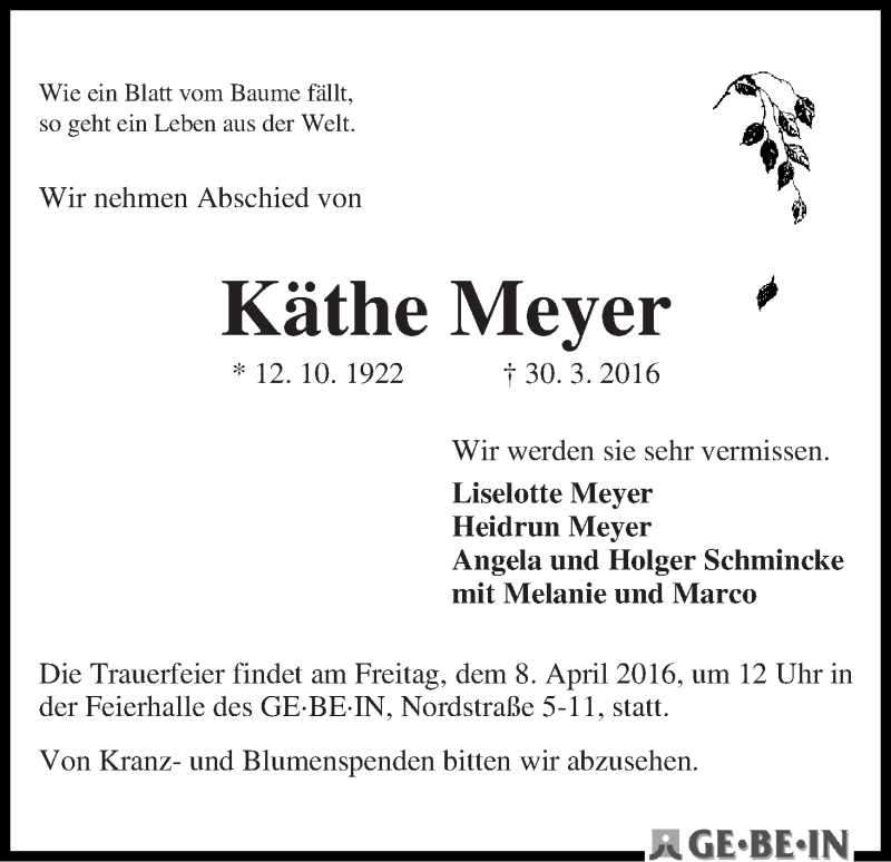 Traueranzeige von Käthe Meyer von WESER-KURIER