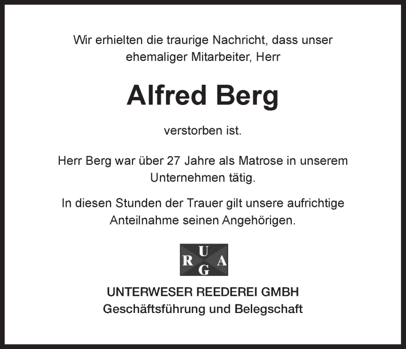 Traueranzeige von Alfred Berg von WESER-KURIER