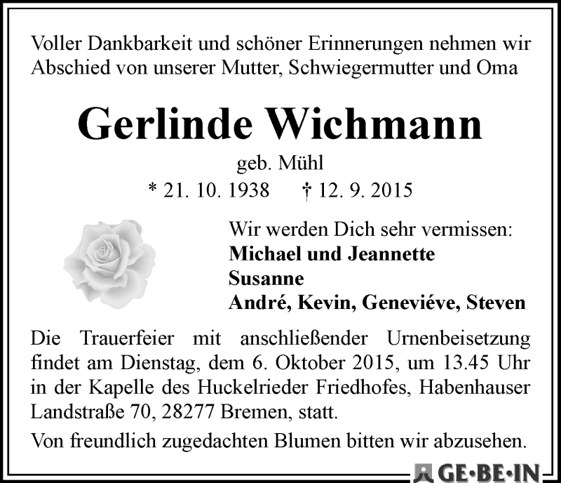 Traueranzeige von Gerlinde Wichmann von WESER-KURIER