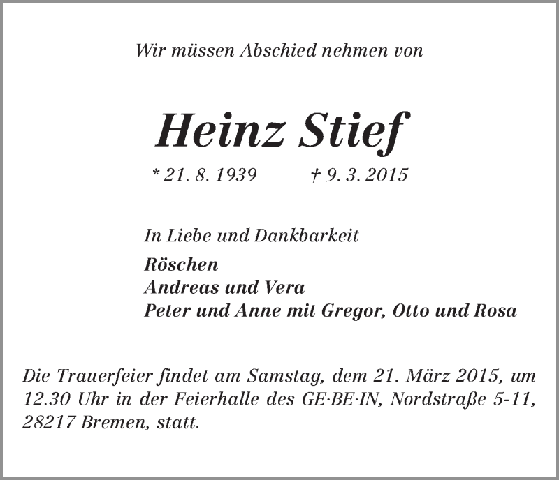 Traueranzeige von Heinz Stief von WESER-KURIER