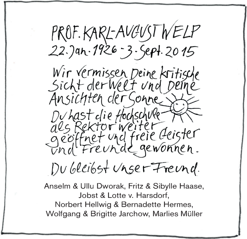 Traueranzeige von Karl-August Welp von WESER-KURIER